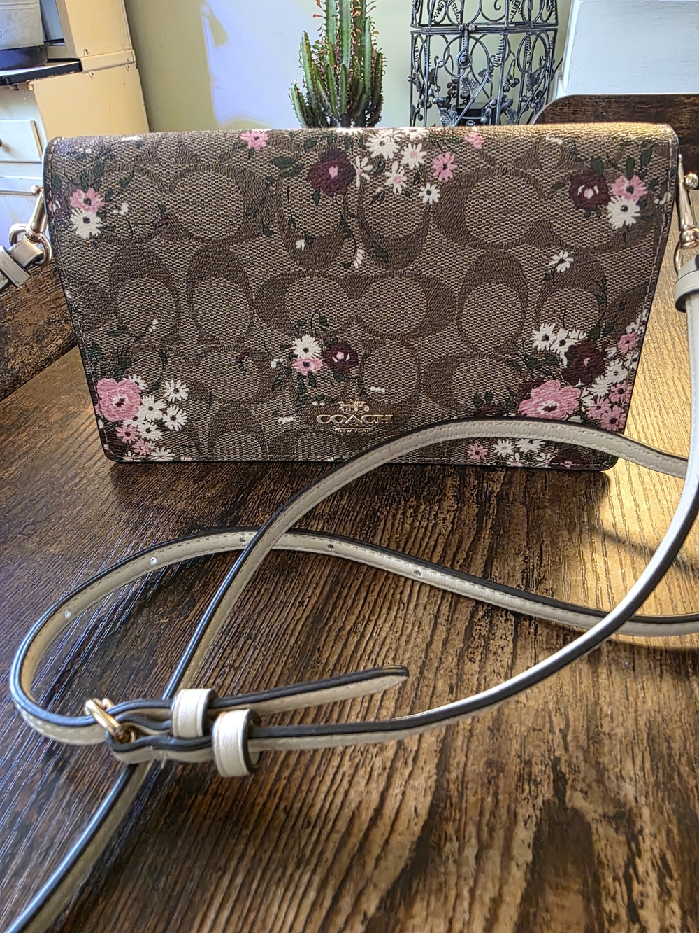 Coach Signature Floral Crossbody in Brown with Pink Accents